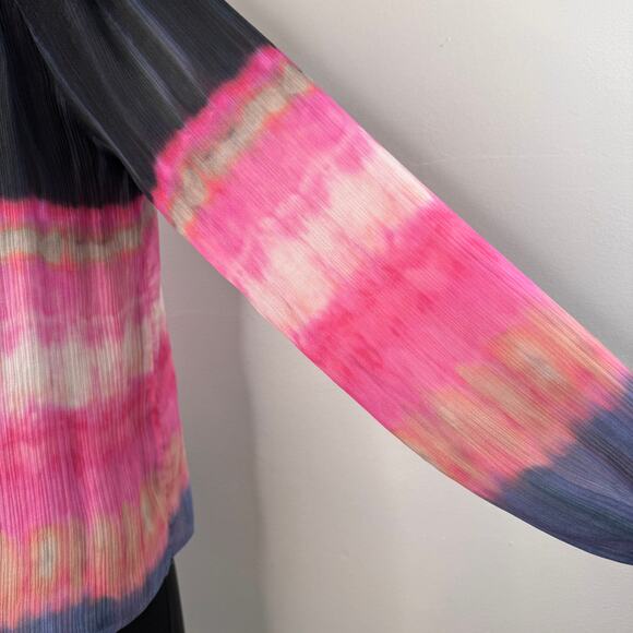 MARIE OLIVER Black Gray Pink Ombre Blouse Silk Tie Dye Split Neck Tassel Small S - Picture 4 of 7